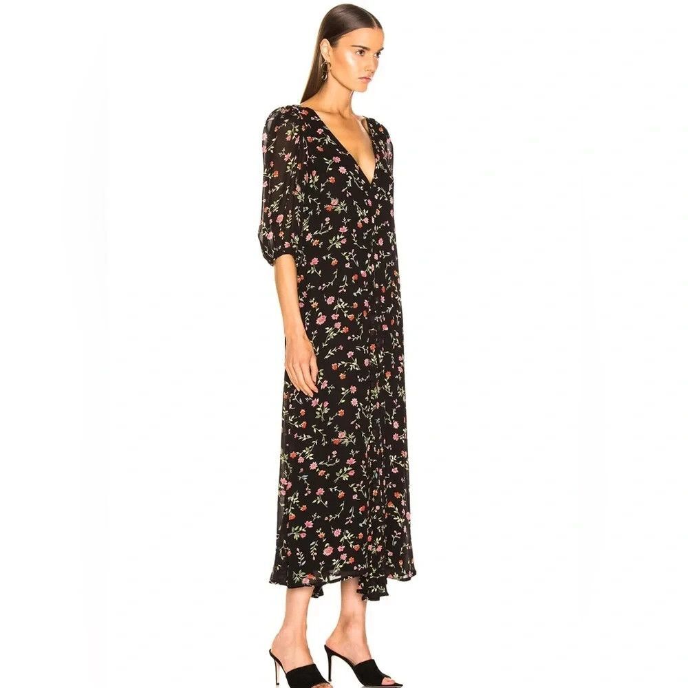 GANNI Midi Dress Romantic Bohemian Floral Puff Sleeve Cottage Prairie Chic L